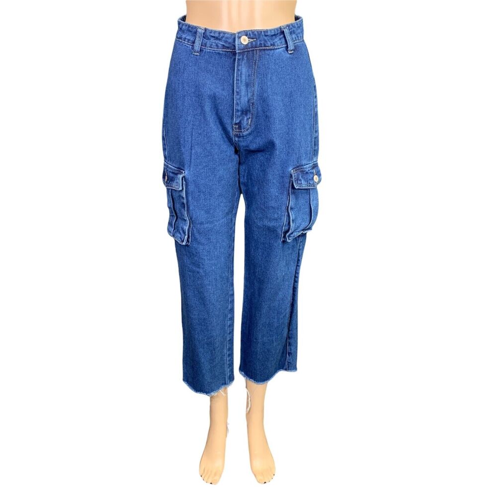 Shein Womens Denim Blue Jeans High Waist Cargo Pocket Mom Jeans Cropped XS